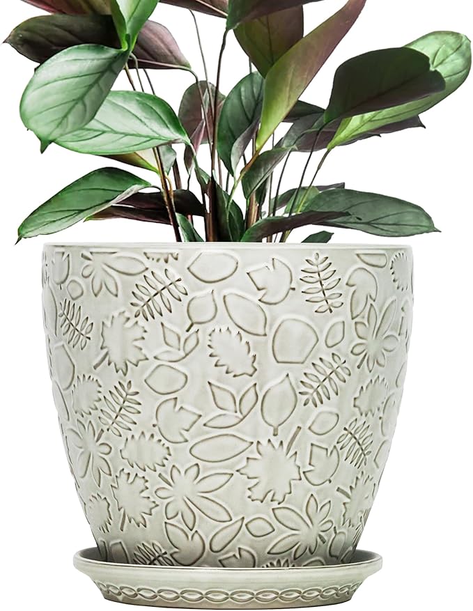 10inch Retro Ceramic Planter with Drainage Hole and Saucer for Multiple Plants, Indoor-Outdoor Garden Pots for Succulent, Orchid, and Flower (Fits Inner Pots Up to 9 Inch, Retro White)-Ruum Studio Home