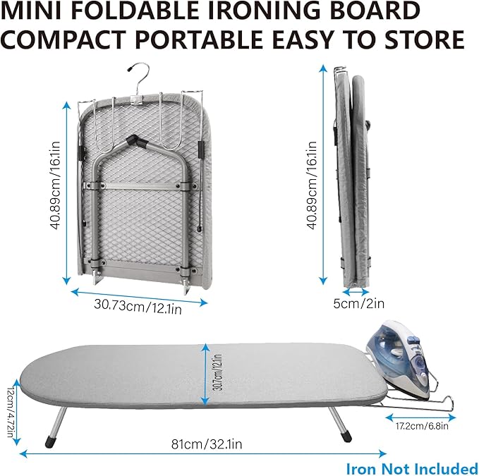 Metal Tabletop Ironing Board with Iron Rest, Portable Ironing Board Small with Heat Resistant Cotton Cover, Mini Iron Board for Small Space and Travel, 32 x 12 Inch (Gray)-Ruum Studio Home