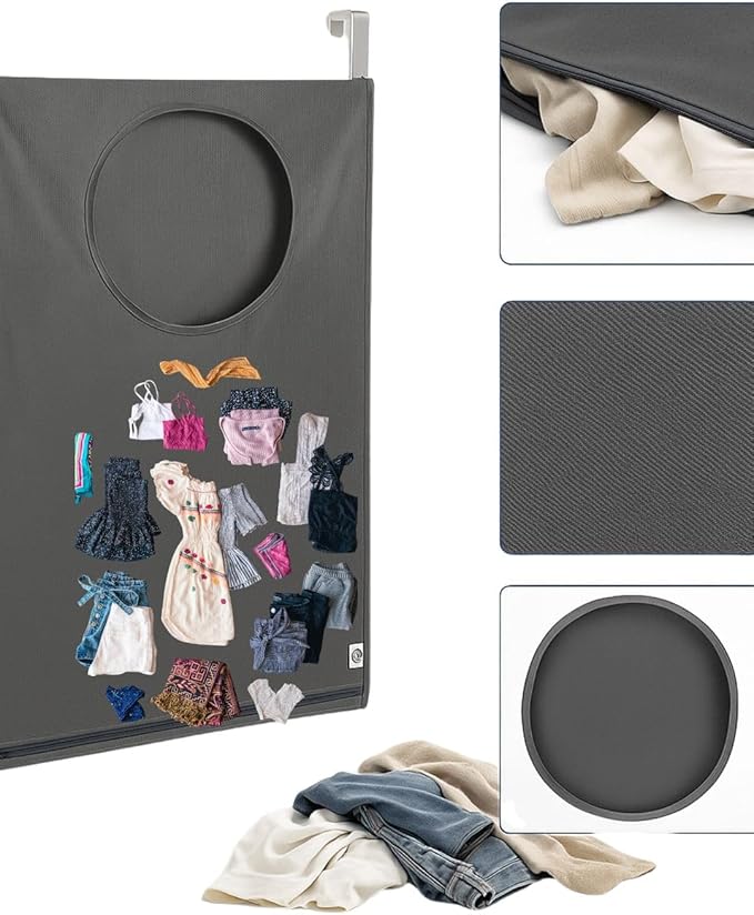 Hanging Laundry Hamper Bag – Space-Saving Dirty Clothes Storage with Free Adjustable Stainless Steel Over-the-Door Hooks & 2 Suction Cup Hooks – Ideal for bathrooms, bedrooms & dorms-Ruum Studio Home