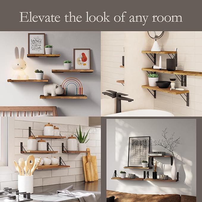 BAYKA Wall Shelves for Bedroom Decor, Floating Wall Shelves for Living Room Kitchen Storage, Wall Mounted Rustic Wood Floating Shelves for Kids Books, Corner Shelf for Bathroom(Rustic Brown，Set of 4)-Ruum Studio Home
