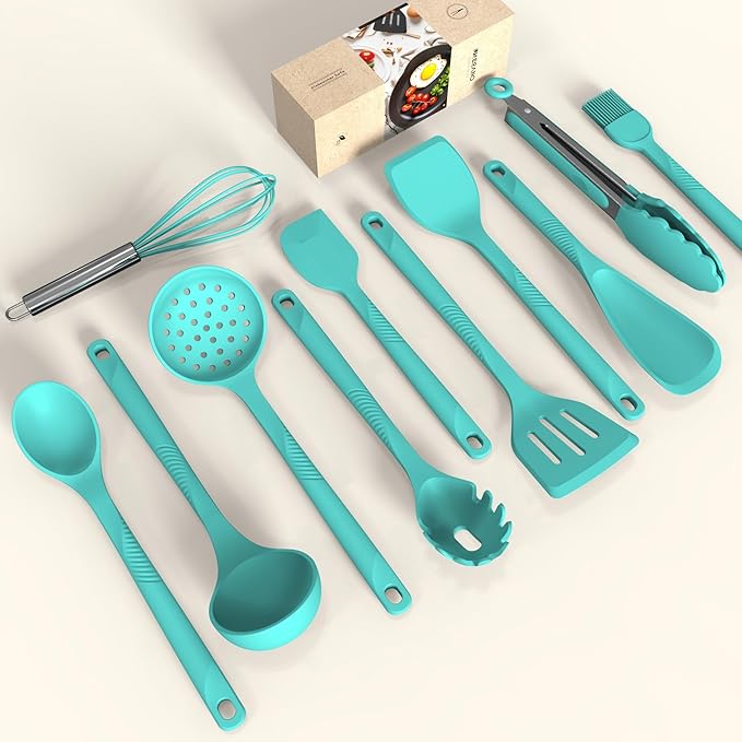 Silicone Cooking Utensils Set - 600°F Heat Resistant, Nonstick Kitchen Utensil Set with Spatulas, Spoons, Whisk, Tongs, BPA Free, Dishwasher Safe (Teal)-Ruum Studio Home
