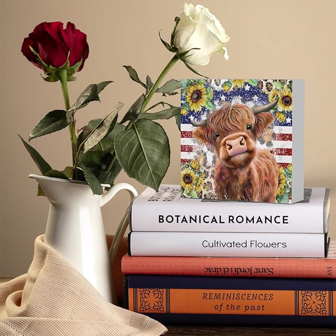 Cute Highland Cow Patriotic Baby Decor, Highland Cow Sunflower Decor, Wooden Box Decor Sign for Home Farmhouse Office Living Room Table Shelf-Ruum Studio Home