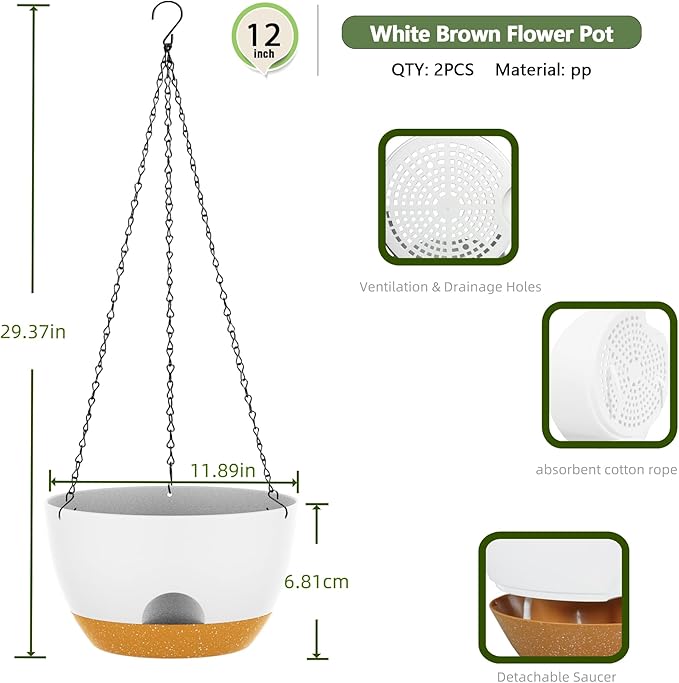 12 Inch Hanging Baskets 2 PC with Chains, Self-Watering Hanging Planters for Indoor Outdoor Plants, Plastic Hanging Flower Pots,White Brown-Ruum Studio Home