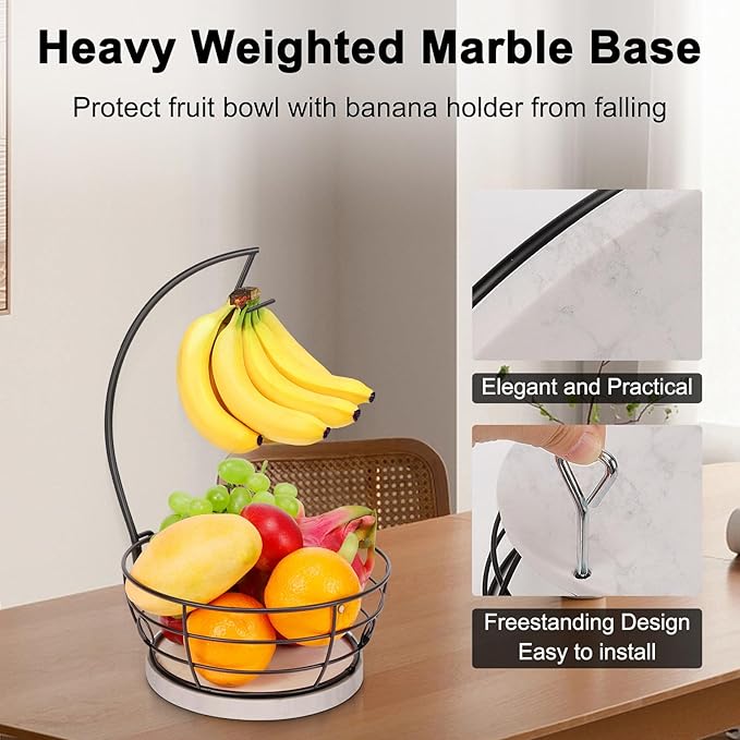 Livabber Countertop Fruit Basket Bowl with Banana Hanger, Modern Standing Fruit Vegetable Bowl Storage, with Banana Tree Holder for Kitchen Dinning Table (Round Marble, Black)-Ruum Studio Home