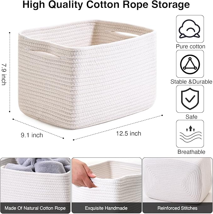 Storage Baskets for Organizing, Woven Basket for Storage, Storage Baskets Bin for Shelves, Cotton Rope Basket with Handles, 12.5"Lx9.1"Wx7.9"H, (4 Packs) Off White-Ruum Studio Home