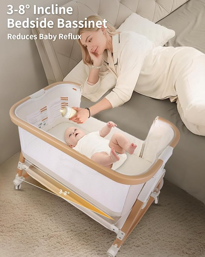 4 in 1 Baby Bassinet, Bassinets Bedside Sleeper with Wheels and Storage Basket, Adjustable 7 Heights Bedside Sleeper with Mosquito Net, Breathable Mesh Rocking Bassinet for Baby-Ruum Studio Home