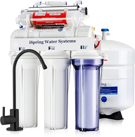 iSpring RCC7AK-UVBLK, NSF/ANSI 58 Certified, Alkaline and UV 7-Stage Reverse Osmosis Water Filter System, Clear Housing for Easy Filter Inspection, Reduces PFAS, TDS, Chlorine, Lead, pH+-Ruum Studio Home