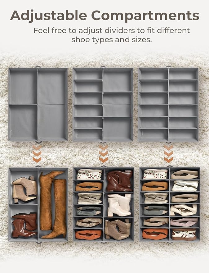 StorageWorks Under Bed Shoe Storage Organizer, Underbed Shoes Container with Adjustable Dividers, Shoe Storage Basket with Cover, Grey, 2-Pack, Space-Saving Shoe Box Fits up to 24 Pairs-Ruum Studio Home