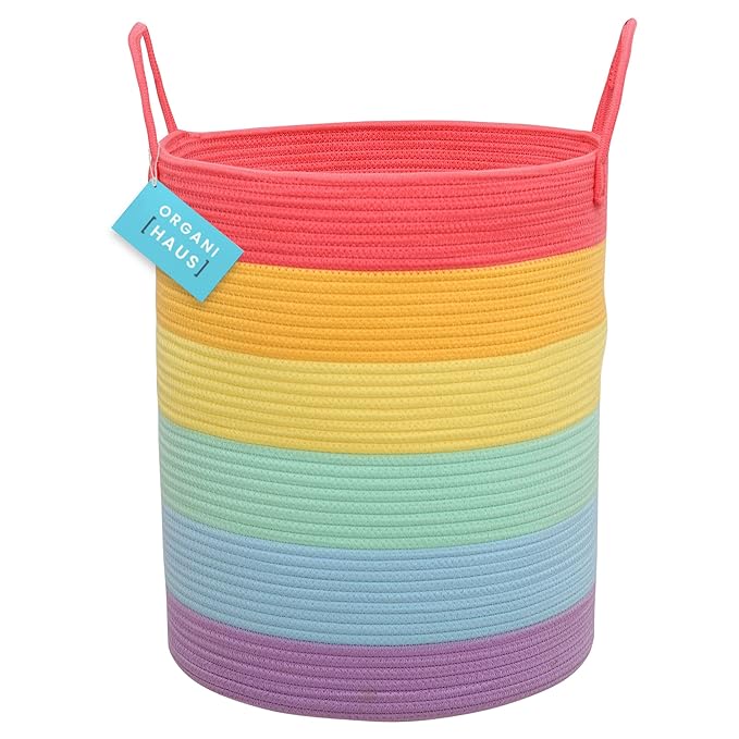 OrganiHaus Tall Rainbow Rope Blanket Basket for Living Room Decor, Cute Woven Baby Laundry Basket, Baby Nursery Hampers for Toys, Kids Laundry Hamper for Dirty Clothes, Decor for Kids Classroom-Ruum Studio Home