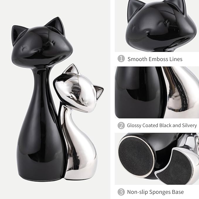 Ceramic Cat Statue Set, Black & Silver Cute Home Decor Figurines, Lucky Cats Desk Accessories for Cat Lovers, Memorial Cats Themed, Modern Collectible Decor for Bookshelf, Living Room-Ruum Studio Home