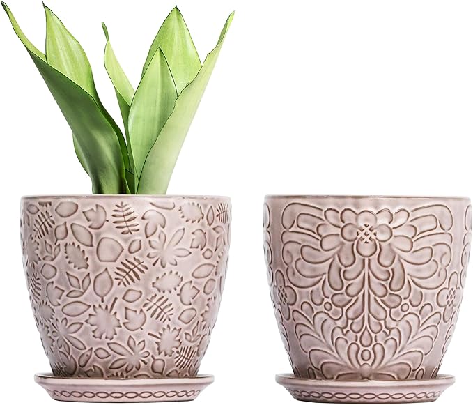 6 Inch Retro Ceramic Planter Set of 2 with Drainage Hole and Saucer for Plants, Indoor-Outdoor Garden Pots for Succulent, Orchid, and Flower (Fits Inner Pots Up to 5 Inches, Retro Peach)-Ruum Studio Home