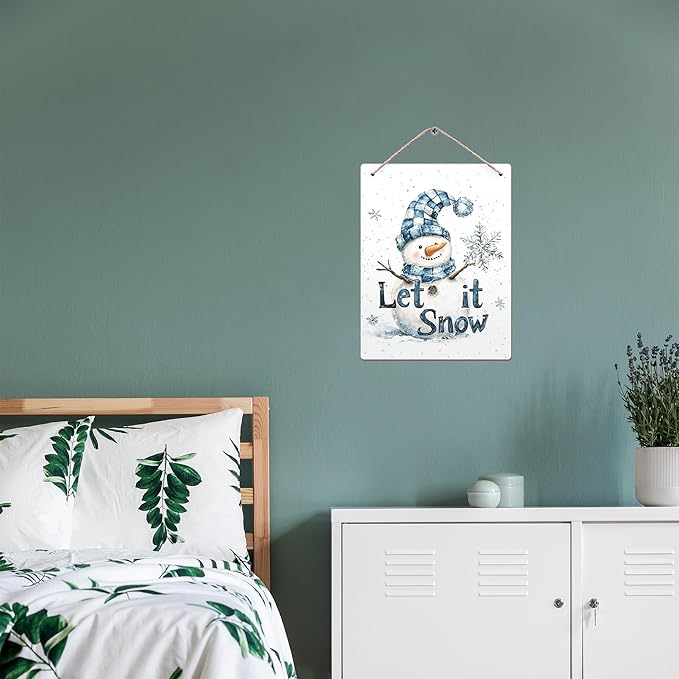 Winter Snowman Hanging Wooden Signs 12x6, Let It Snow Signs, Winter Wall Decor, Winter Door Decor, Blue Snowman Winter Snowflakes Home Room Office Hanging Wall Decor-Ruum Studio Home