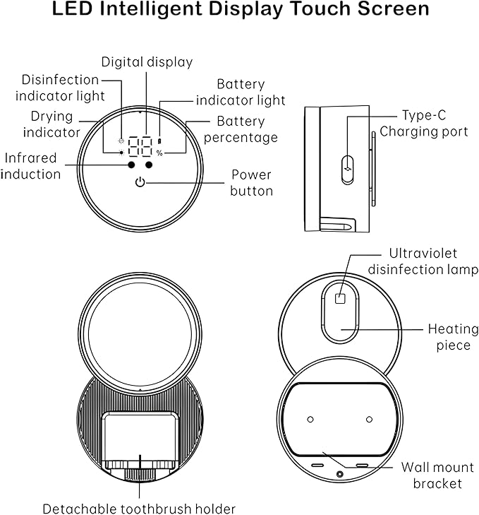 Toothbrush Holders Cleaner & Dryer for Bathroom - Mirror Wall Mounted [Rechargeable, Auto Sensor Open/Close Lid, LED Smart Screen] Adhesive Electric Tooth Brush Razor Holder with Cover for Home Travel-Ruum Studio Home