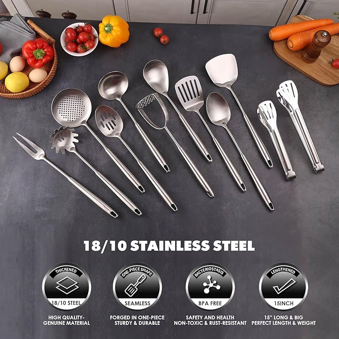 18/10 Stainless Steel Kitchen Utensils Set - 12 PCS All Metal Cooking Tools & 15″ Serving Utensils - Potato Masher, Meat Fork, Tongs, Turner, Pasta, Serving Spoon, Skimmer, Ladle, Spatula Spoon Set-Ruum Studio Home
