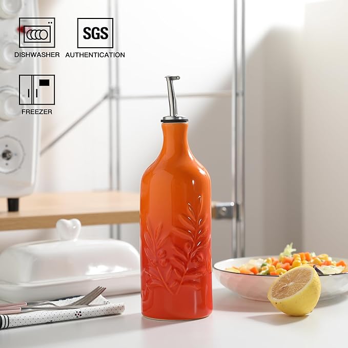 Sweejar Ceramic Olive Oil Dispenser Bottle, 20 Oz Relief Opaque Oil Cruet Protects To Reduce Oxidation, Suitable for Storage Soy Sauce, Coffee Syrup, Liquids, Set of 1 (Gradient Orange)-Ruum Studio Home