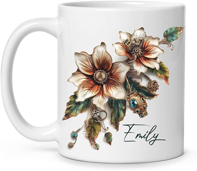 Customized Name Coffee Cup, Custom Steampunk Floral Design Cup, Personalized Flower Lover Ceramic Cup 11oz, White Mug Gift For Floral Enthusiasts, Steampunk Flower Cup For Birthday-Ruum Studio Home