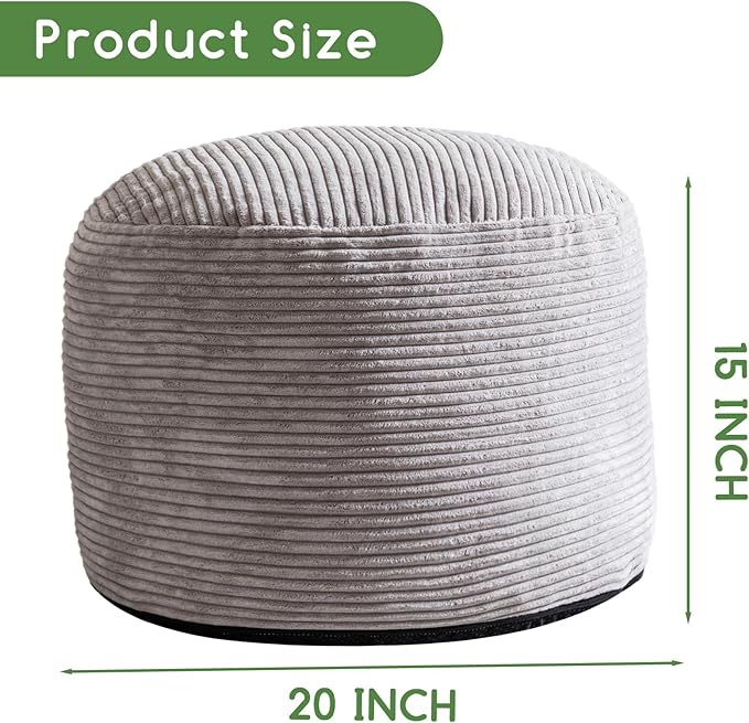 HIGOGOGO Round Stuffed Pouf Ottoman, Corduroy Poufs with Foam Chunk Filling, Furry and Fluffy Pouf Foot Stool Storage Ottoman, 20 X 15 Floor Poufs Foot Rest for Living Room, Grey-Ruum Studio Home