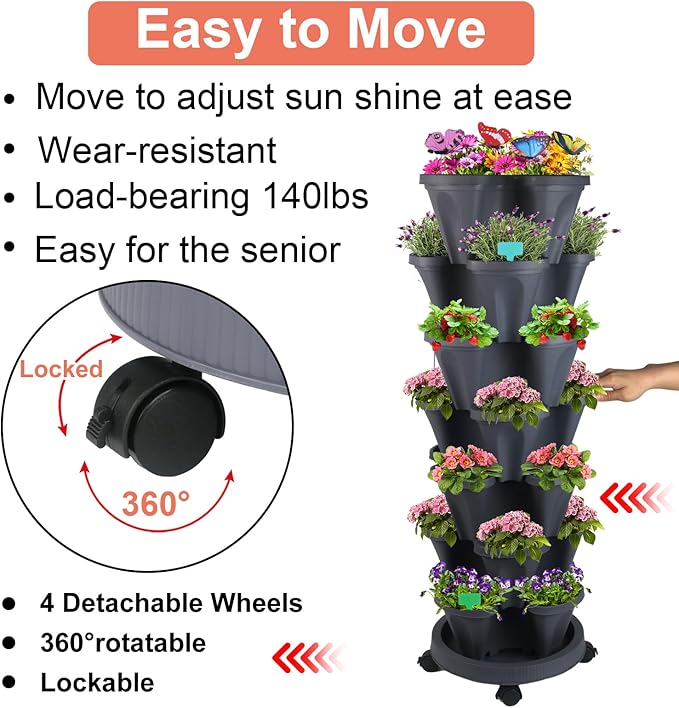 Vertical Planter, 7 Tier Stackable Strawberry Planter with Garden Tool Set, Movable Indoor/Outdoor Garden Herb Pot for Growing Vegetables and Succulents, Dark Gray-Ruum Studio Home