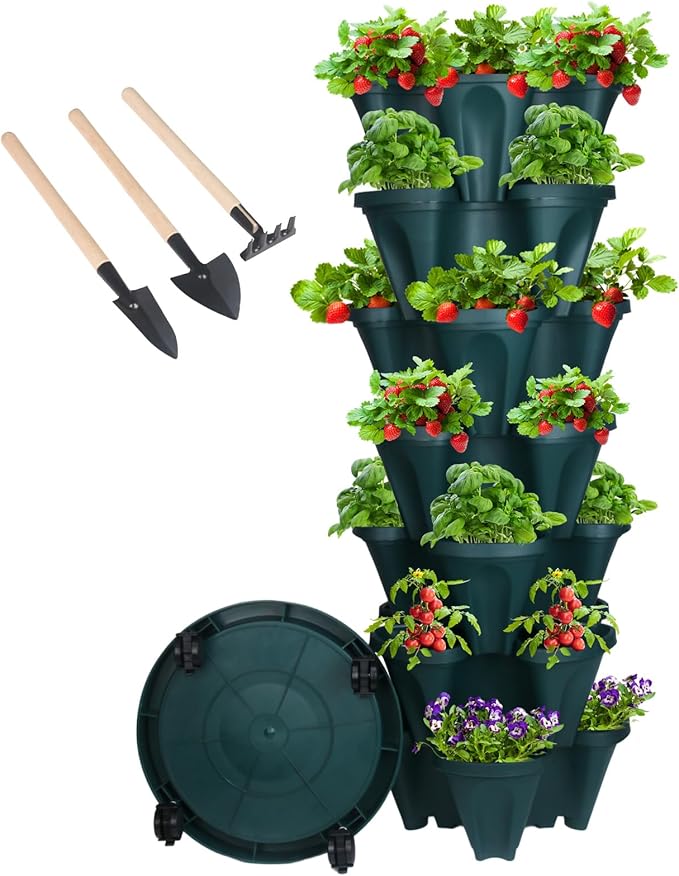 Vertical Planter 7 Tier Stackable Planters Garden Planters Strawberry Herb Flower and Vegetable Planter Indoor Outdoor Gardening Pots with Removable Wheels and Tools-Ruum Studio Home