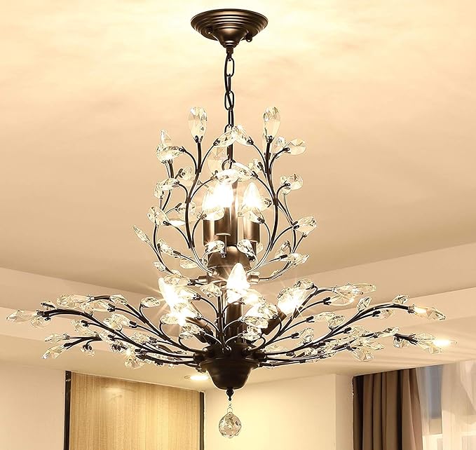 Ganeed Crystal Chandeliers,Vintage 8 Lights Pendant Light,K9 Clear Crystal Chandelier Lighting Fixtures,Ceiling Light for Living Room Bedroom Restaurant Porch Hallway (Black)-Ruum Studio Home