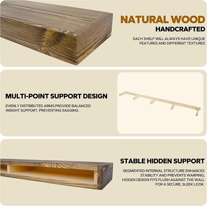 Floating Shelves 3 inch Thick for Wall Set of 2,Solid Pine Wood Wall Mount Shelf for Kitchen Living Room Bedroom Bathroom,8" D x 60" L x 3" H-Black Walnut-Ruum Studio Home