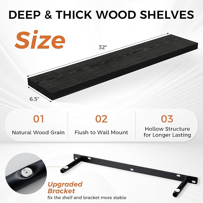 Fun Memories 32Inch Floating Shelves for Wall 2 Pack Wood Shelves for Kitchen, Bathroom, Bedroom Wall Mounted Rustic Wood Floating Shelf with Invisible Brackets for Books, Storage, Decor, Black-Ruum Studio Home