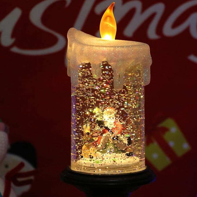 Eldnacele Battery Operated Lighted Flameless Candles Christmas Snow Globe Candle Light Swirling Water Glittering Spinning Candles for Home Decoration(Santa)-Ruum Studio Home
