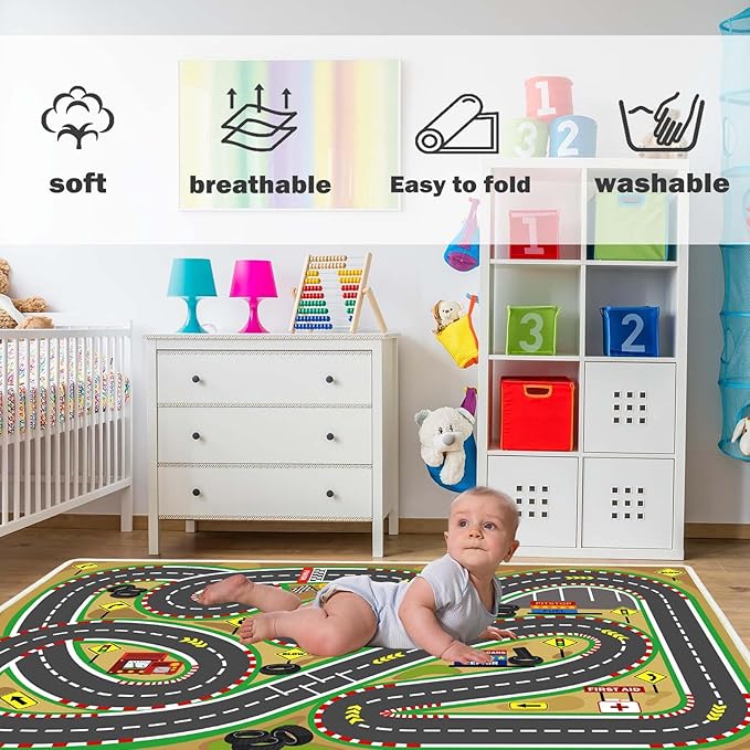 Kids Rug Play mat Playroom Rugs Car Rugs for Kids Toy Cars Race Track for Classroom Rug (Race-Brown, 5.2x7.9ft)-Ruum Studio Home
