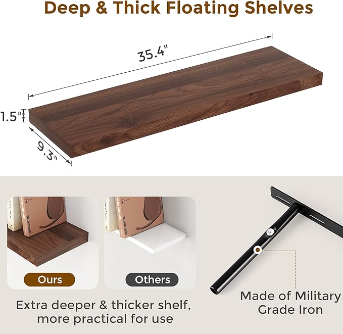 Fun Memories Rustic Wood Floating Shelves for Wall, 36 x 9 Wall Shelves Set of 2, Deep Floating Shelf for Kitchen, Living Room Storage & Display, Deep Wooden Bookshelf, Walnut Color-Ruum Studio Home