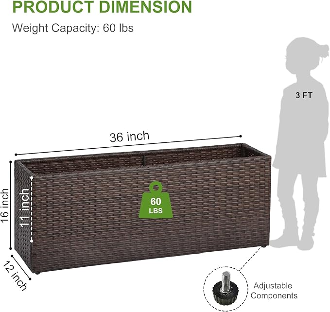 LEWIS&WAYNE Large Rectangular Block Planter Box Handmade Wicker Tall Planters for Outdoor Plants with Removable Liners Modern Planter for Indoor Outdoor Patio Deck - Brown, 36''x12''x16''-Ruum Studio Home