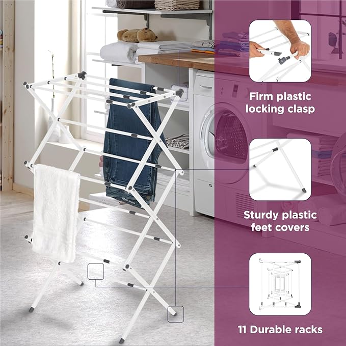 BLACK+DECKER 3 Tier Expandable Collapsing Foldable Laundry Rack for Air Drying Clothing, Space Saving Heavy Duty Lightweight Metal Drying Rack(White)-Ruum Studio Home