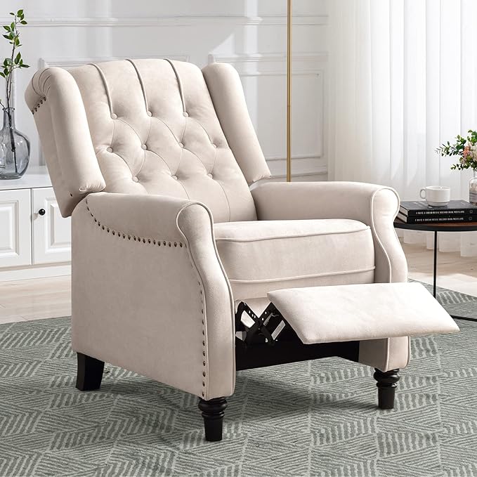 CANMOV Push Back Recliner Chair,Accent Chair,Mid Century Wingback Recliner, Fabric Push Back Recliner Chair Single Armchair Sofa with Rivet Decoration, Button-Tufted Back for Living Room, White-Ruum Studio Home
