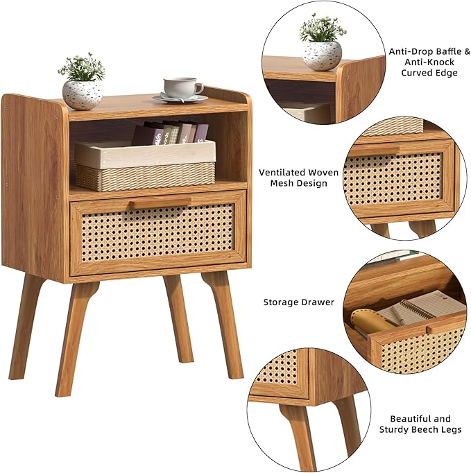Lerliuo Rattan Nightstand, Side Table with Drawer Open Shelf, Cane Accent Bedside End Table with Solid Wood Legs, Mid Century Modern Night Stand for Bedroom, Dorm and Small Spaces (Tea Brown)-Ruum Studio Home