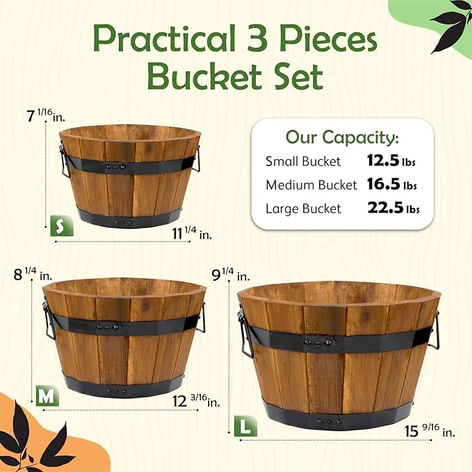 Idzo Set of 3 Wooden Flower Boxes Outdoor, Durable Acacia Wood Barrel Planters for Outdoor Plants with Ergonomic Handles, Drainage Holes, Multiple Sizes Wood Bucket Planter Light Brown-Ruum Studio Home