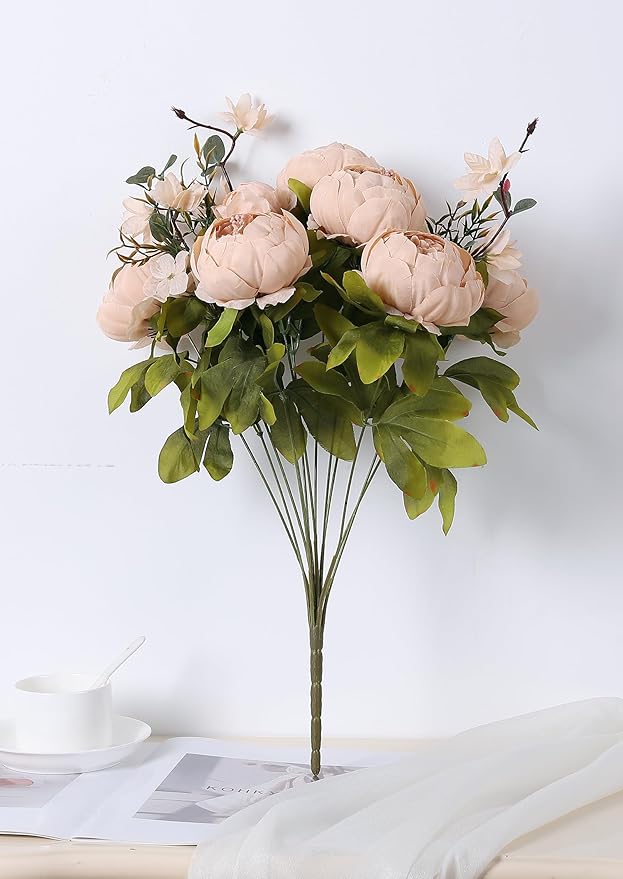 Duovlo Artificial Peony Silk Flowers Fake Flowers Vintage Wedding Home Decoration,Pack of 1 (Light Champagne)-Ruum Studio Home