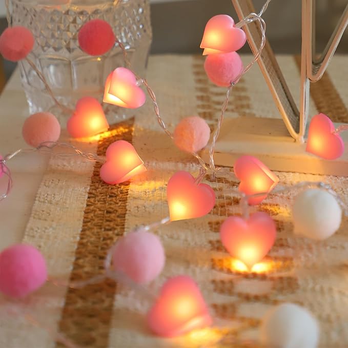 9.85Ft String Lights with 20 Pink Heart LEDs 20 Pink Pom Poms Garland Lights with Timer Valentine Decoration for Home Kid Bedroom Mother's Day Wedding Party Valentine's Day Decor-Ruum Studio Home