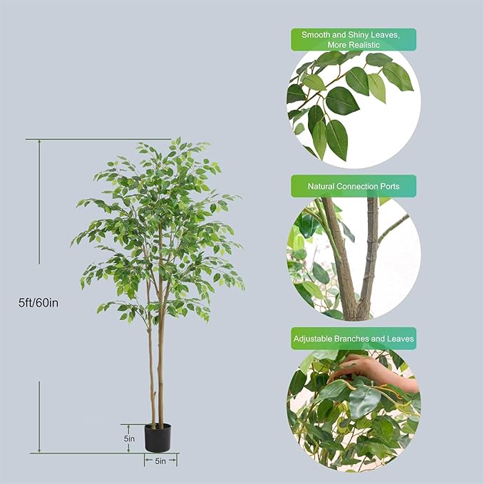 Tall UV Resistant Ficus Tree Artificial，5ft(60in) Faux Ficus Tree with Realistic Smooth and Shiny Leaves， Fake Trees Indoor Outdoor for Home Office Living Room Bedroom Foyer Porch Decor.-Ruum Studio Home