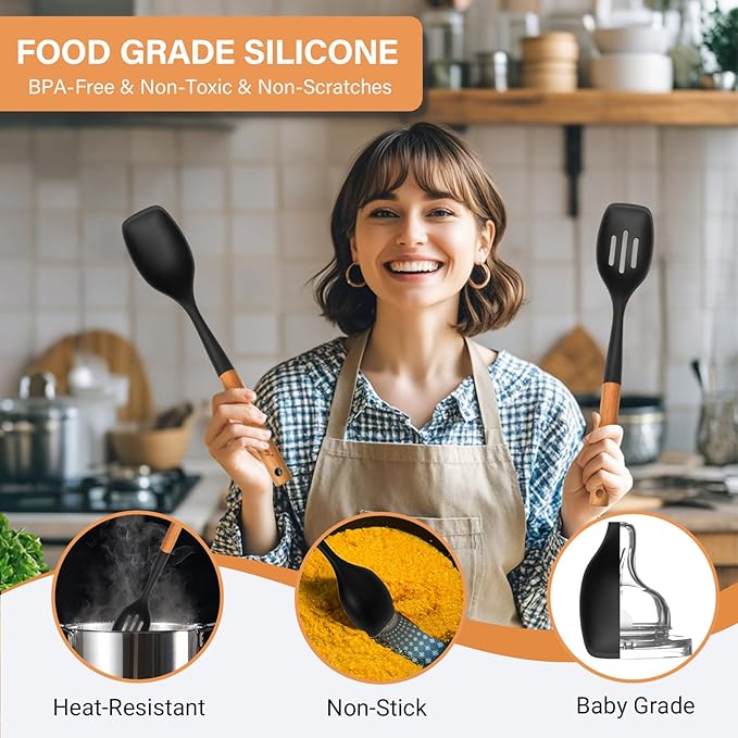 Large Silicone Cooking Spoon Set, 2 Pack Solid Slotted Spoon with Wooden Handle, Nonstick Silicone Kitchen Spoons for Cooking, Heat Resistan Spatula Set for Serving, Basting, Mixing (Black)-Ruum Studio Home