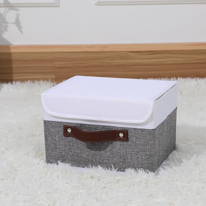 ANMINY Storage Boxes with Lids Washable Decorative Storage Bins Basket with PU Leather Handle Foldable Linen Fabric Storage Cubes Containers for Home Closet Organizer - Gray White, Small Size-Ruum Studio Home
