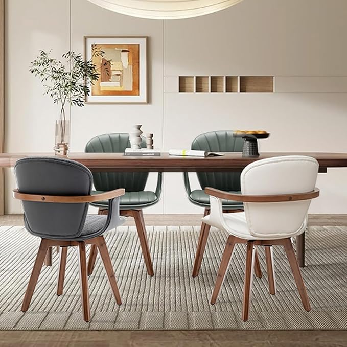 LUNLING Swivel Dining Chairs Set of 4, Mid Century Modern Green Faux Leather Kitchen Chairs with Arms,Bamboo Legs Side Chairs No Wheels,Accent Chair for Dining Rooms and Offices-Ruum Studio Home