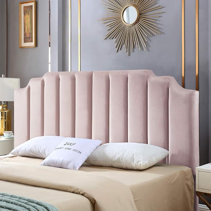 24KF Pink Velvet Tufted King Upholstered Headboard, Modern Vertical Channel Design California King Headboard with Stepped Silhouette Top Edge, Pink-Ruum Studio Home
