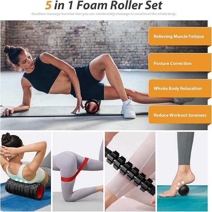 5 in1 Foam Roller Set, Trigger Point Foam Roller, Massage Roller Stick, Massage Ball, Resistance Band for Deep Muscle Massage Pilates Yoga,Fitness Exercise for Whole Body (Black-Red)-Ruum Studio Home