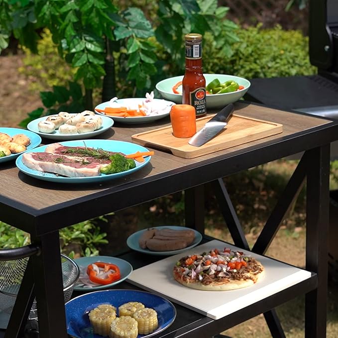 PHI VILLA Outdoor Grill Table, Elegant Grill Cart with Ceramic Wood Grain Table Top, Serving Cart with Shelves, Patio Grilling Backyard BBQ Grill Cart, Black-Ruum Studio Home
