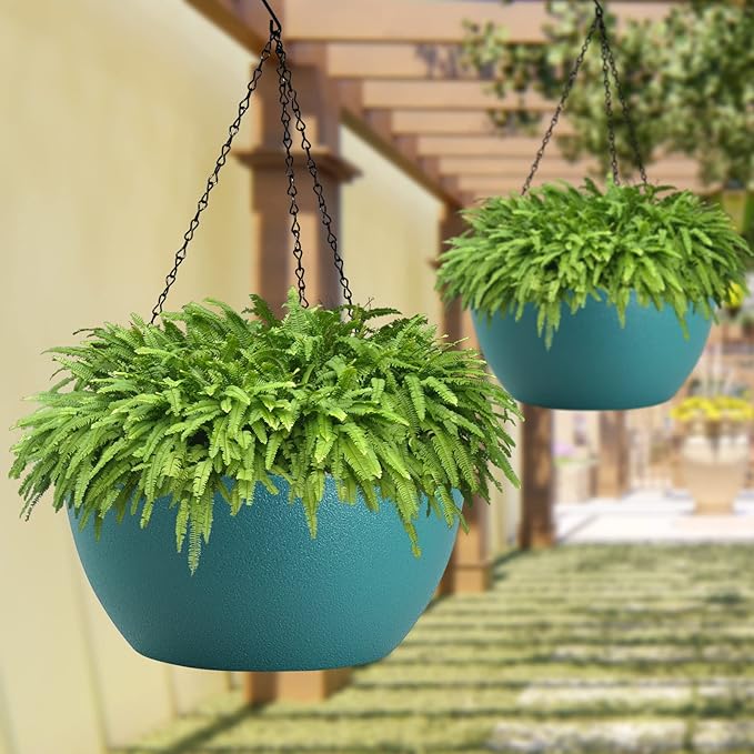 WOUSIWER 13 inch 2 Pack Large Hanging Planters for Indoor Outdoor Plants with Drainage Holes and Chain, Round Hanging Flower Pots for Garden Home Porch Decor, Myrtle Green-Ruum Studio Home