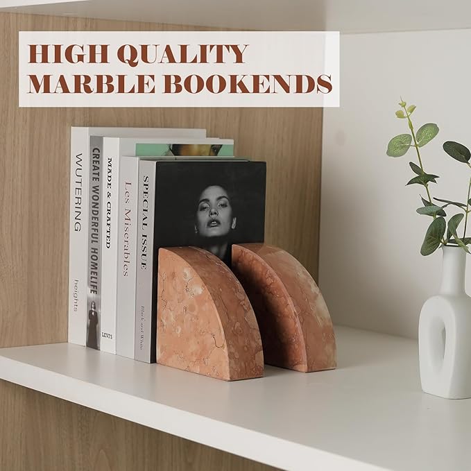 Marble Bookend for Shelves, Non-Skid Bookends for Heavy Books, Heavy Duty Book Stopper for CDs, Luxury Book Shelf Holder, Quarter Circle Design Book Ends Decorative, Perlino Rosato, Set of 2-Ruum Studio Home