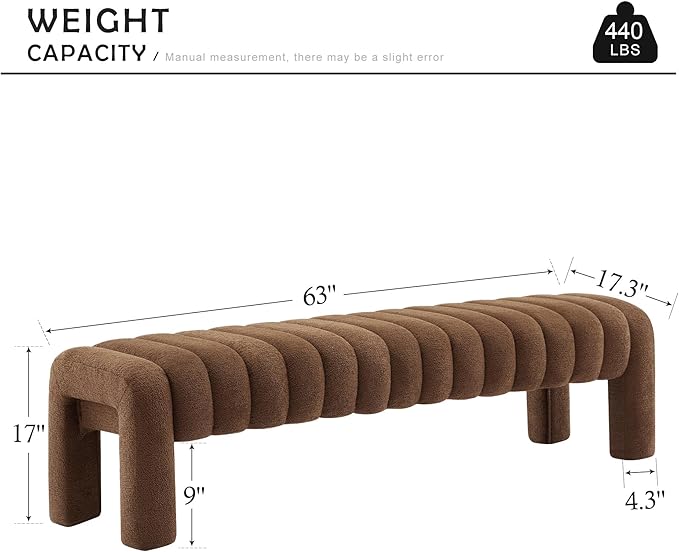 63" Bedroom Bench, Upholstered Entryway Bench, Modern End of Bed Ottoman with Solid Wood Legs and Adjustable Foot Pegs for Entryway, Dining Room and Living Room (Brown Boucle)-Ruum Studio Home