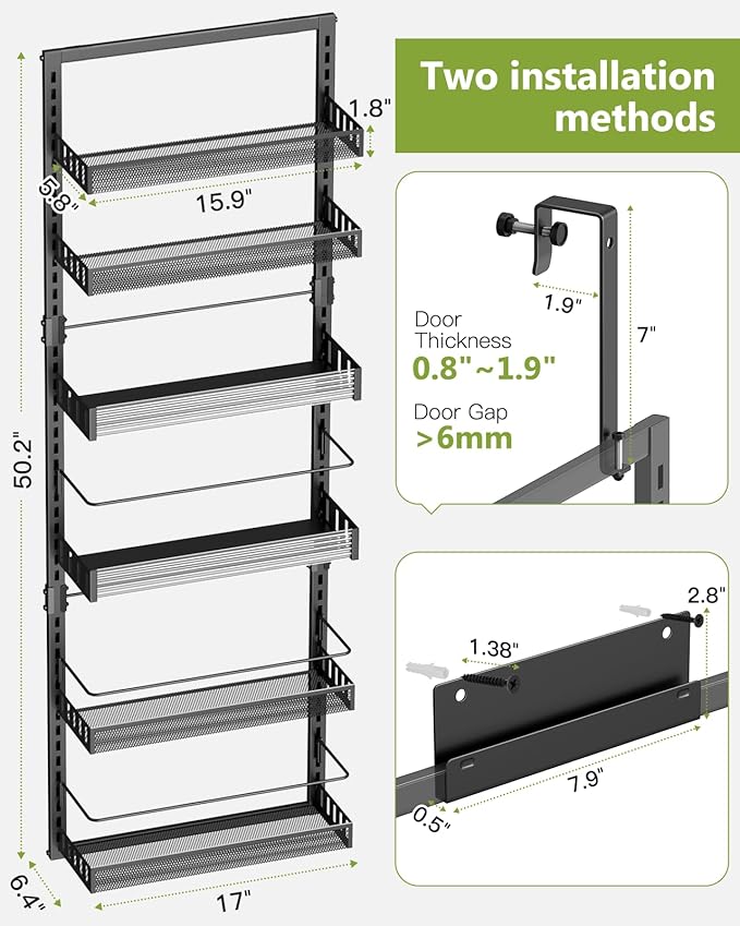 6-Tier Over the Door Pantry Organizer, 2 in 1 Large Door Spice Rack with Adjustable Metal Baskets, Heavy Duty Hanging or Wall Mounted Storage Organizer for Kitchen Pantry and Room Wall-Ruum Studio Home