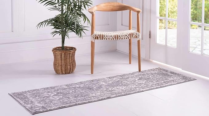 Unique Loom Rosso Collection Vintage, Traditional, Bohemian, Geometric, Distressed, Southwestern Area Rug (2' 7 x 10' 0 Runner, Gray/Ivory)-Ruum Studio Home
