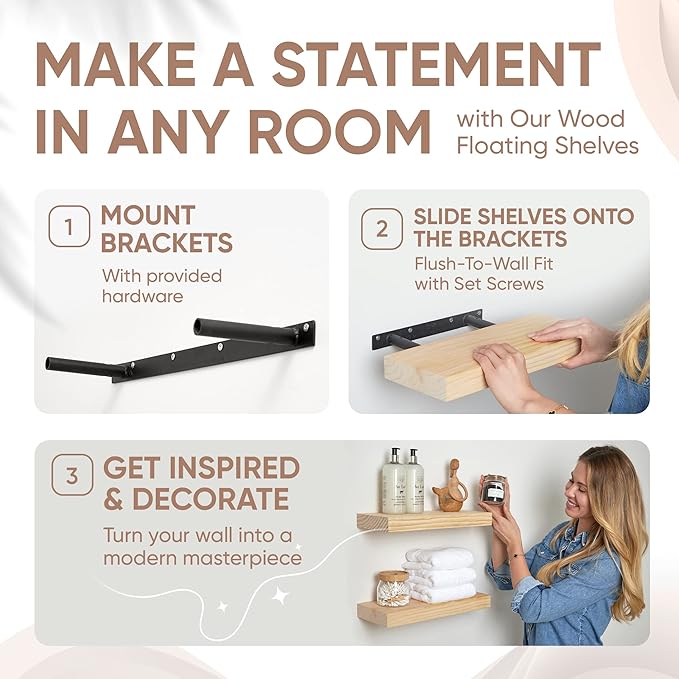 Homeforia 12 inch Natural Floating Shelf, High End Solid Real Wood 12inch Small Floating Shelves for Wall Mounted, Natural Wooden Floating Shelves, Heavy Duty Bracket, 12 X 6.5 X 1.75 in, Set of 3-Ruum Studio Home