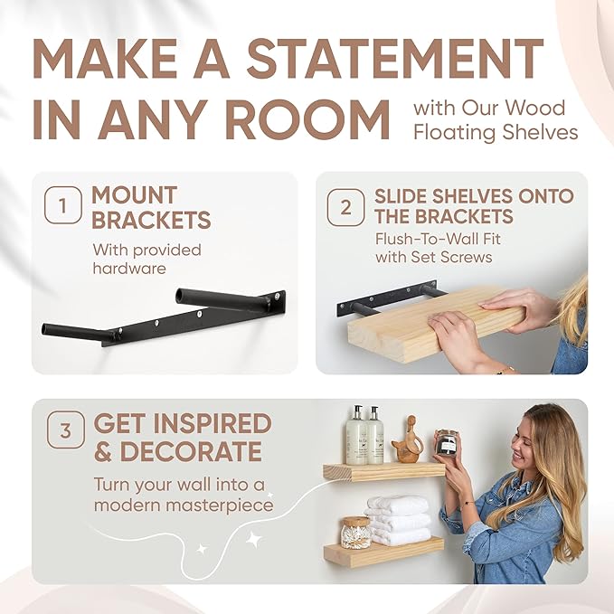 Homeforia Wood Floating Shelf 12 inch, High End Solid Natural Wood 12inch Floating Shelves for Wall Mounted, Unfinished Small Wooden Floating Shelves, Heavy Duty Bracket, 12 X 6.5 X 1.75 in, Set of 3-Ruum Studio Home